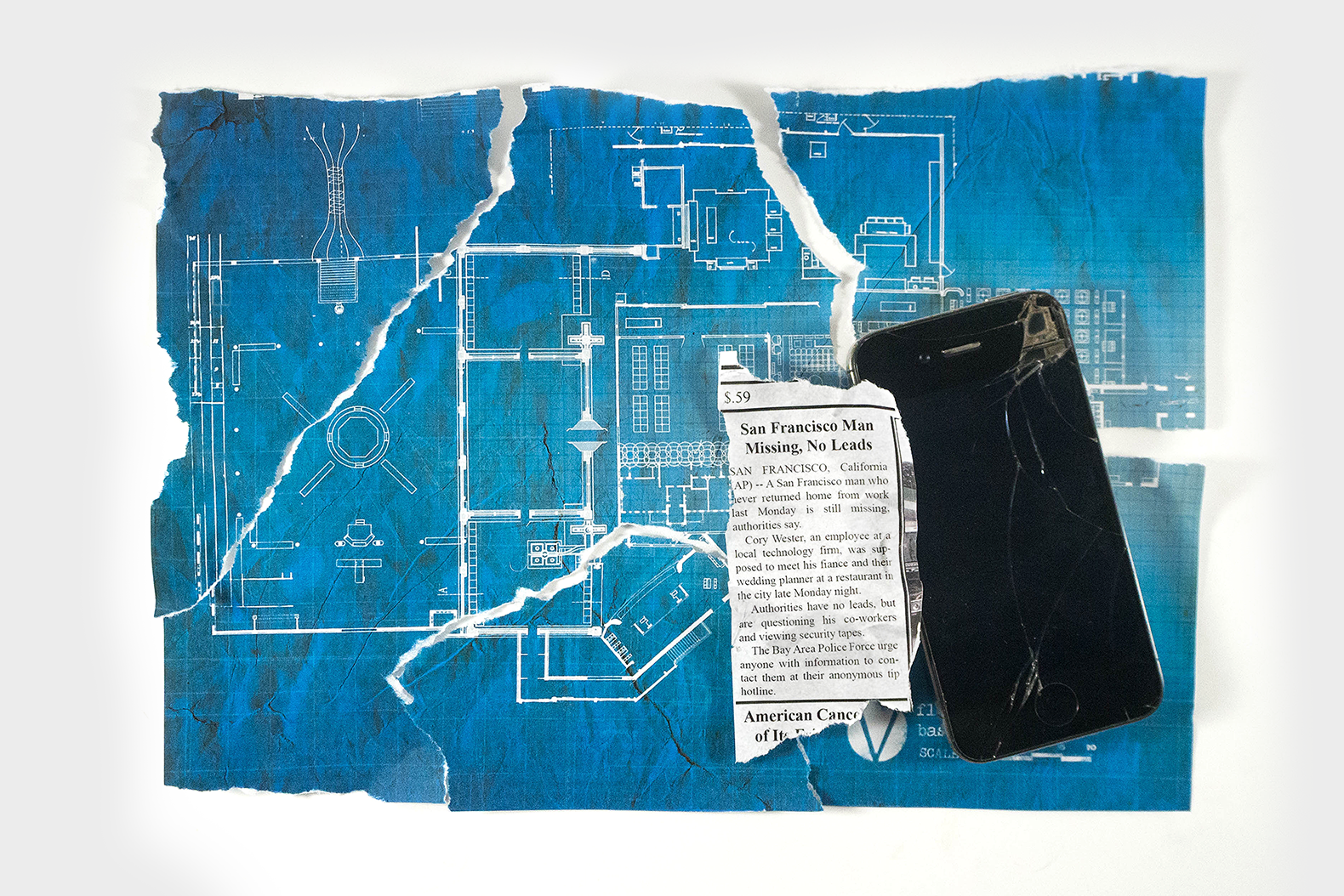 An image of a ripped up blueprint, newspaper article, and a cell phone from the Veil Nanoscience, Inc. project.